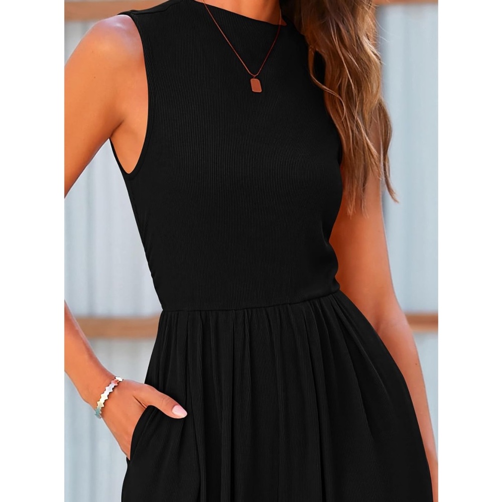 PRETTYGARDEN Dressy Casual Black Sleeveless Jumpsuit Mock Neck with Wide Leg